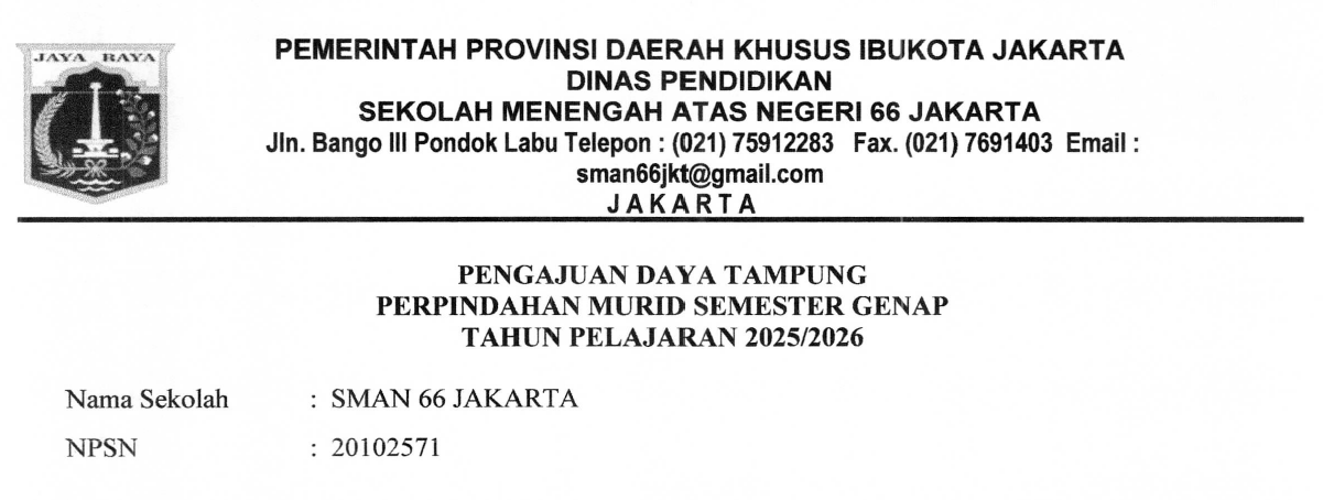 Daya Tampung Mutasi Genap 2025-2026 SMAN66 Jakarta